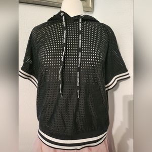 Good American "The Mesh Boxer" Black and White Short Sleeve Hoodie
